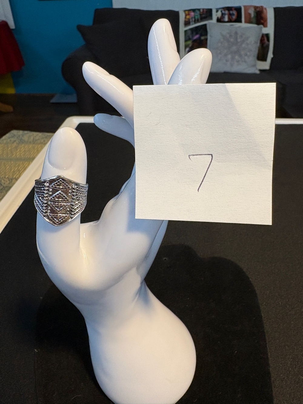 Sterling Silver-Tone Geometric Shield Statement Ring - Size 7